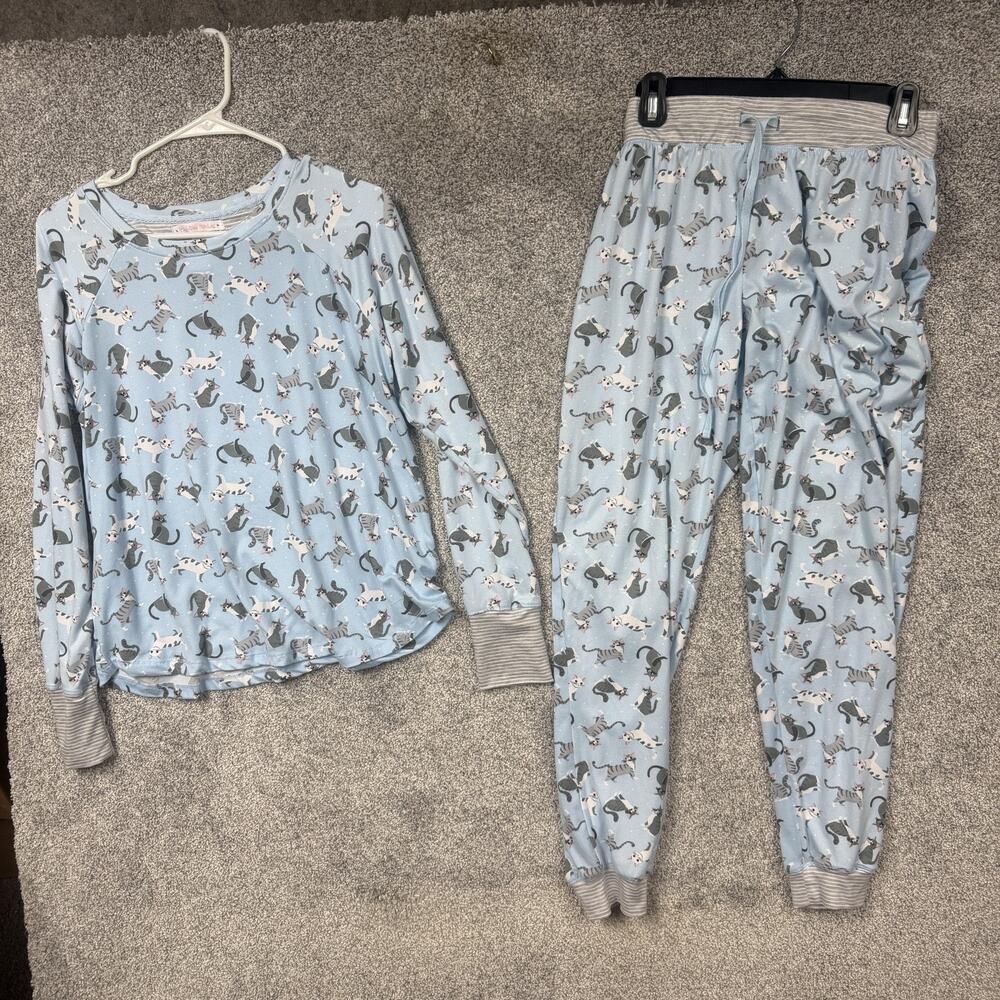 Pillow Talk Pajama Set Womens M Blue Cat Print Kawaii Cozy Loungewear Sleepwear
